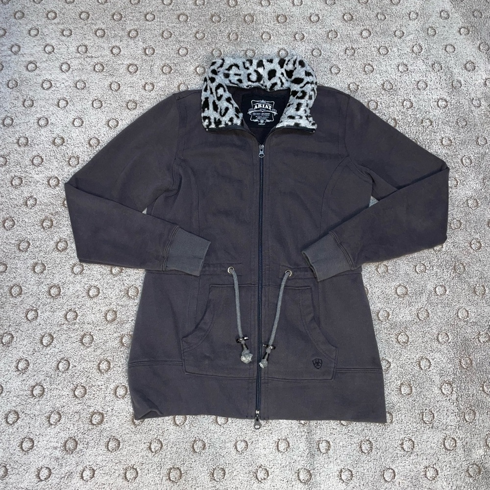 Ariat Jacket Women’s Black With Faux Fur Leopard Print Collar Full Zip Size S